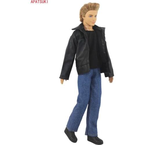 Blue Short Sleeve T-Shirts Long Jean Denim Pants Black Jacket Coat for Ken Doll Outfits Sets Clothes for Ken Boy Men Male Dolls