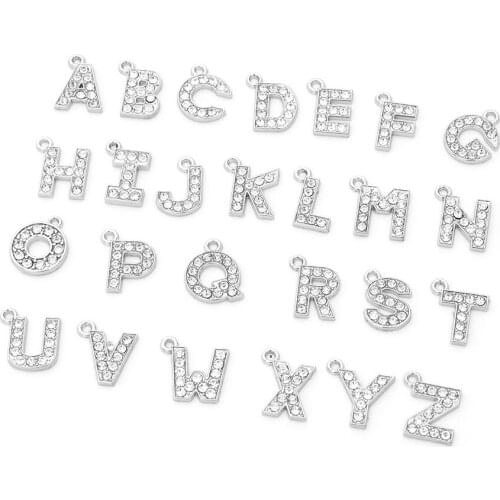 10pcs 26pcs 17mm Mix Full Rhinestones Slide Letters A-Z 26 English Alphabet Letter Charm Pendants Silver Color Women Man DIY