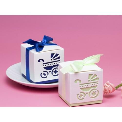 10Pcs/set 6*6*6cm Laser Cut Hollow Baby Carriage Shape Candy Boxes With Ribbon Baby Shower Wedding Party Supplies