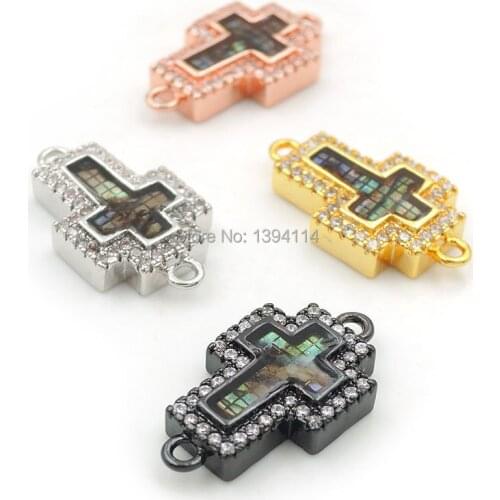 18*11*3mm Micro Pave Clear CZ Gridding Abalone Shell Cross Connectors Fit For Men And Women Making Bracelets Jewelry
