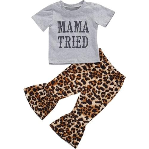 2020 Fashion Summer Toddler Kids Baby Girls Clothes Sets Short Sleeve Letter Tops+Leopard Pants 2pcs Sets