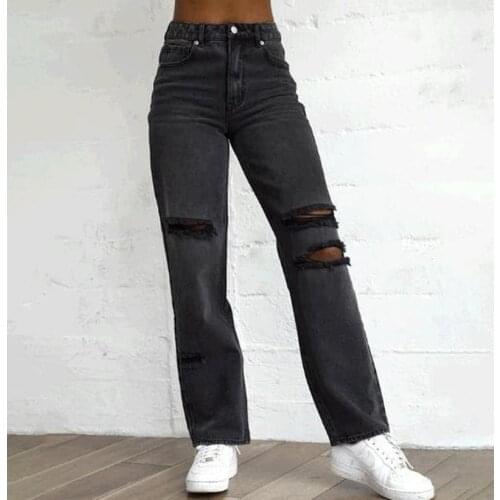 2021 High Waist Ripped Black Pants Women Wear Ragged Black Jeans Fashion Clothing Trendy Casual Long Denim Trousers Boyfriend
