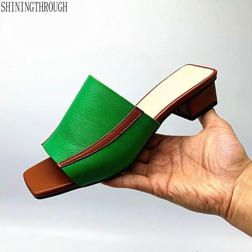 2021 New Women Summer 3cm low Heels slippers Genuine Leather Shoes Woman Sandals Open Toe Ladies Slippers size 34-43