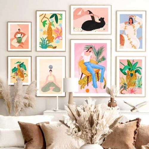 Abstract Girl Yoga Leopard Flower Leaf Plant Wall Art Print Canvas Painting Nordic Poster Boho Decor Pictures For Living Room