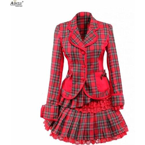 Ainclu XS To XXL Hot Selling High Quality Cemavin Womens Cotton Red Gingham School Lolita Top And Skirt/Suits