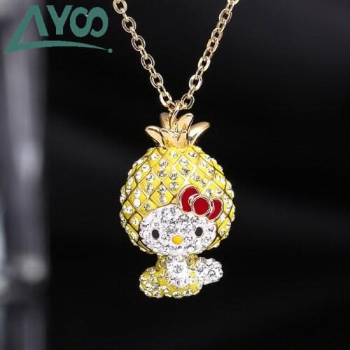 AYOO High Quality SWA, Fashion Jewelry Cute Cartoon Cat Pendant Necklace Ladies Yellow Pineapple KT Cat Ladies Necklace