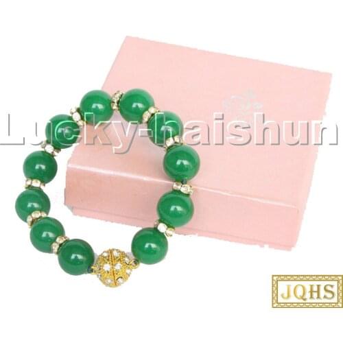 Natural healthy 8" 14mm round green jades beads Bracelet magnet clasp c119
