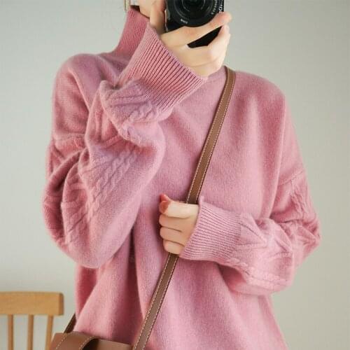 High neck cashmere sweater womens thickened Pullover Sweater loose autumn and winter 2019 new solid color bottomed knitted