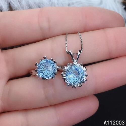 KJJEAXCMY Fine Jewelry 925 sterling silver inlaid natural blue topaz female ring pendant set lovely Support detection