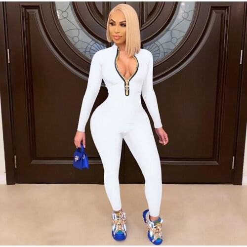 Women Rompers Solid Color Zipper Long Sleeve Skinny Sexy One Piece Outfits Club Fall Clothing Fitness Pants Overalls