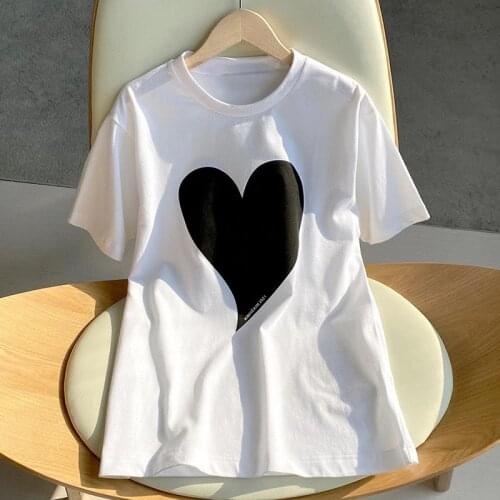 Summer Short Sleeve T Shirt Women White Tops Heart Pattern Loose Lovers Cotton Tees Girls Casual O-neck Plus Size Tops M-5XL