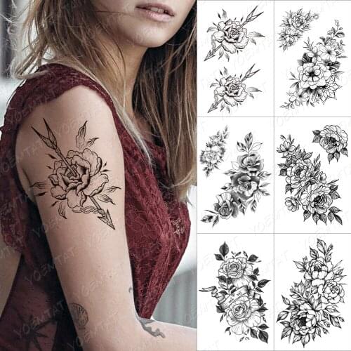 Lines Roses Snake Flowers Temporary Tattoo Sticker For Women Adult Peony Waterproof Fake Henna Old School Body Art Tattoo Decal