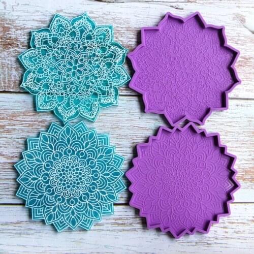 M2EA 2 Pcs Mandala Coaster Epoxy Resin Mold Flower Cup Mat Casting Silicone Mould DIY Crafts Ornaments Decorations Mold