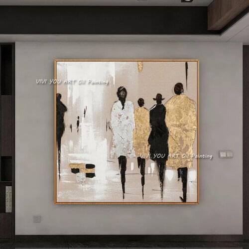 Big 100% Handpainted High Quality Abstract Street People Walking Oil Painting Fashion Wall Art Gold Black and White Oil Painting