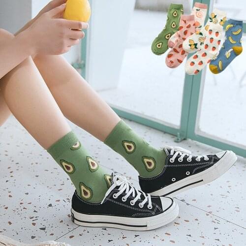 Cartoon Womens Socks Fruit Funny Cute Avocado Fashion Tide Lovely Streetwear Pink Green Color Patchwork Long Socks Women Kawaii