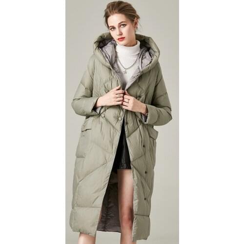 New Warm Nylon Black Avocado Green Wide Waisted Hooded Female White Duck Down Coats With Pockets Winter Clothes For Women