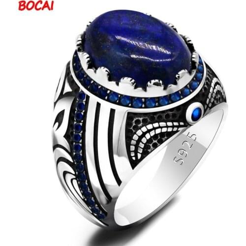 New blue gemstone mens ring 925 silver vintage lapis lazuli ring