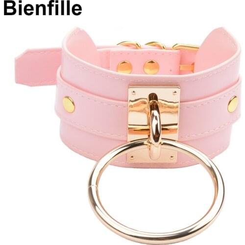 Handmade Romantic Cute Pink Wide Leather Choker Collar 2 Layer PU Women Leather 60MM Gold Color Big O Round Necklace