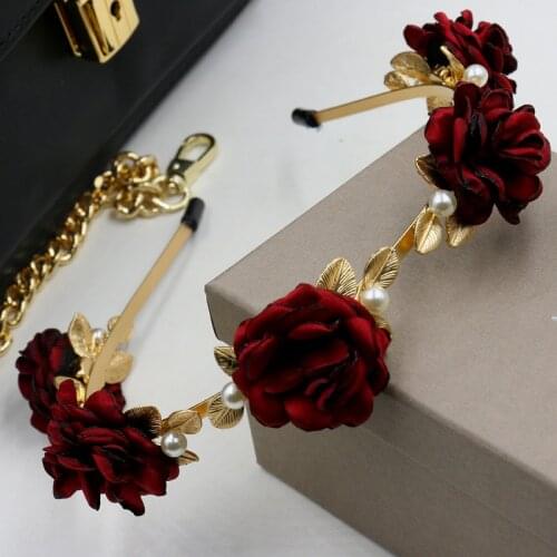 2016 Runway Baroque Red Rose Flower Hair Band Wide Headband Pearl Hair Accessories Wedding Tiara Menina Queen Gold Leaf Crown