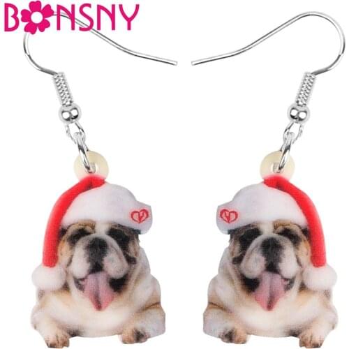 Bonsny Acrylic Christmas Hat Bulldog Dog Earrings Drop Dangle Animal Jewelry For Women Girl Teen Party Decoration Gift Accessory