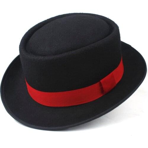 Unisex Men Women Pork Pie Hat with Red Ribbon Pop Jazz Hat Wool Flat Fedora Hat Size 58CM