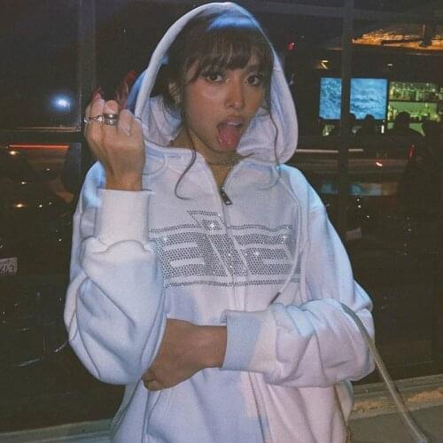 Oversized Hoodies Y2K Fashion Rhinestone Zipper E-girl Vintage Black Sweatshirts Hoody Outfits Streetwear Casual With Hood