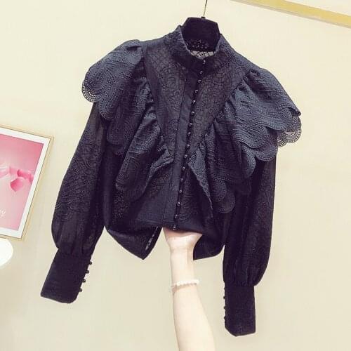 Spring Black Shirt Women New Stand-up Collar Lantern Sleeve Lace Blouses 2021 Ladies Ruffled Temperament Leisure Top Blusas