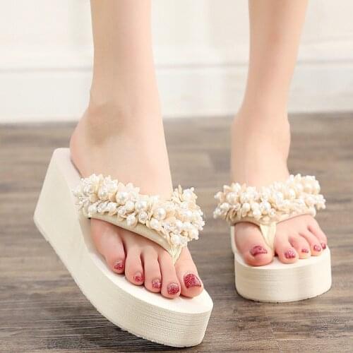 5cm High Heel Womens Beaded Flip-flops Womens Non-slip Slope with Sandals and Slippers Wear Holiday Seaside Beach Shoes Women