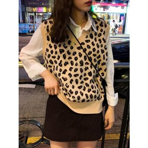 New leopard vest knitted female Vintage Oversize Spring Autumn Women Vest Wool Sweater Vests Poullovers Sleeveless Female Vest