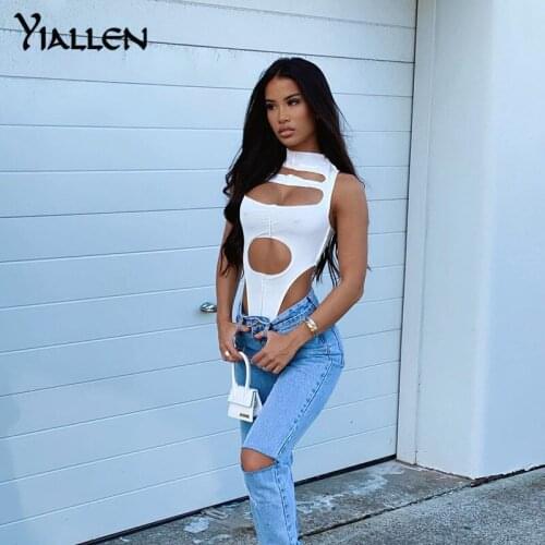 Yiallen Summer Women Fashion Sleeveless Hollow Out Soild Color Bodycon White Bodysuit Tops 2021 New Female Clothing Streetwear