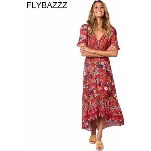 Women Elegant Flower Printed Dress Sexy Flare Sleeve Bohemian Beach Dress for Women 2019 Summer Ruffle Irregular Long Dress Robe