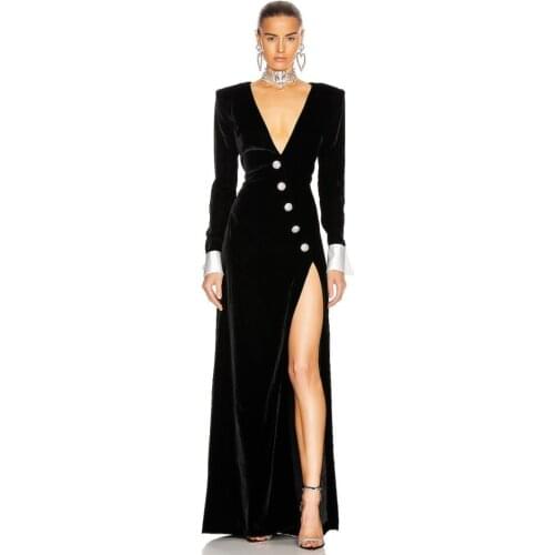 Women Autumn Runway Sexy Long Sleeve V Neck Maxi Long Black Dress 2020 Elegant Female Bodycon Evening Party Dress Vestidos