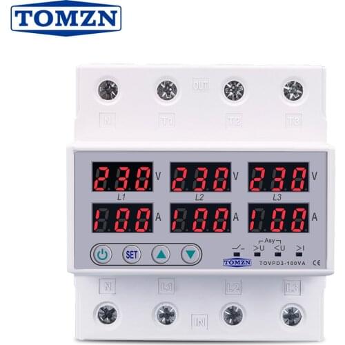 100A 3 Phase Din rail Voltmeter Ammeter adjustable Over and Under Voltage current limit protection Monitor Relays Protector