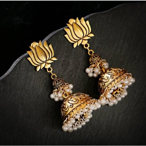 2020 Retro Indian Gold Color Lotus Flower Pearl Tassel Earrings Gypsy Boho Ethnic Dangle Earrings For Women