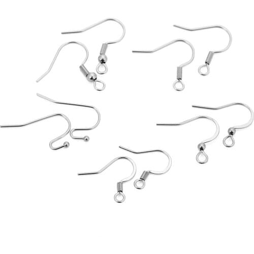 50pcs Surgical Stainless Steel Flat French Hook Earwires Silver Tone Fish Hook Ball Coil Earrings Components DIY Jewelry Crafts