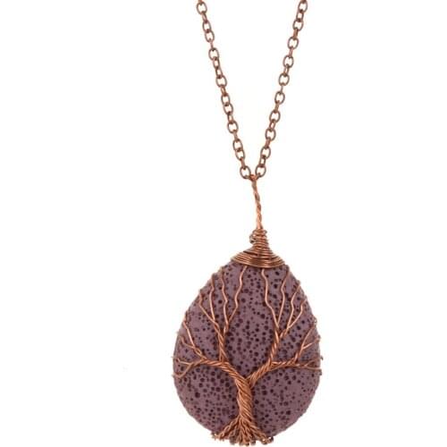 6PCS 7 Chakra Natural Stone Volcanic Rock Copper Wire Knot Wrap Tree of Life pendulum Pendant Necklace Collar Reiki Jewelry Free