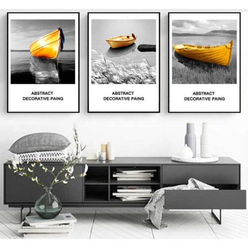 Abstract Yellow Boat Wall Art Canvas Painting Black White Sea Landscape Nordic Poster print Picture for Living Room Home Decor