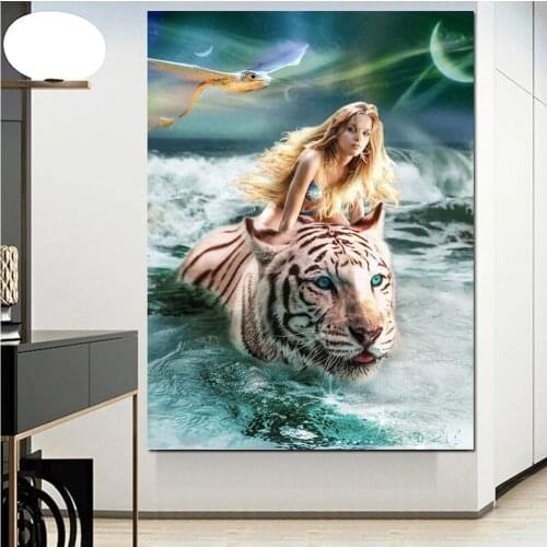5D DIY full square/round diamond painting fairy and tiger embroidery cross stitch rhinestone mosaic home decoration gift