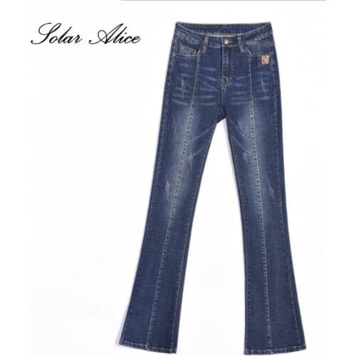 Free Shipping 2018 New Womens Autumn Mid Waist Plus Long Flare Jeans Girls Denim Blue Pants Extra large Size 26-40