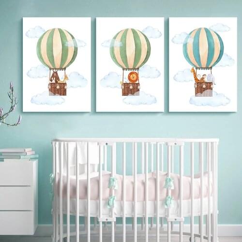 Baby Animal Prints Cloud Hot Air Balloon Canvas Painting Lion Bear Giraffe Poster Nursery Wall Art Pictures Kids Room Home Decor