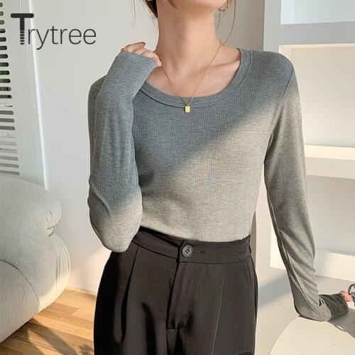 Trytree 2021 Spring Autumn Woman T-shirt Casual O-Neck Solid 9 Colours Full Sleeve T-shirt High Elastic Basic Tops For Women