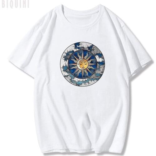 Graphic Tees Sun and Moon T Shirts Women Summer 100% Cotton Fashion Tops Vintage Hip Hop Streetwears Loose Printed Y2k Aesthetic