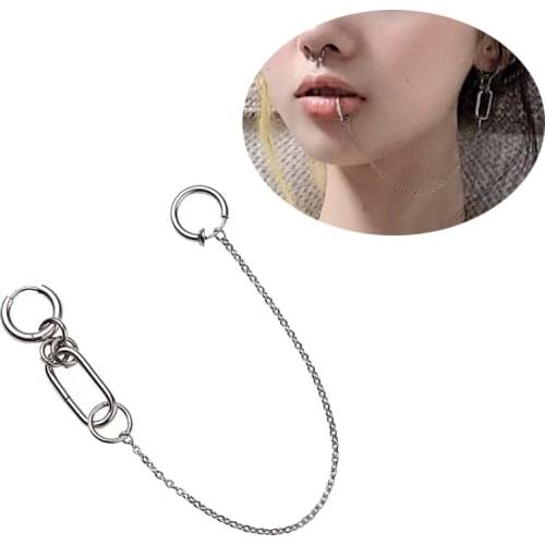 Stainless Steel Nose Chain Fake Earrings Personality Lip Ring with Long Chains Fashion Piercings Earring Ear Clip Body Jewelery
