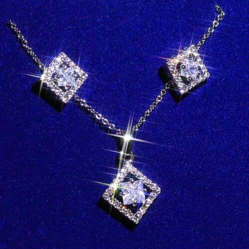 Dainty Square Zircon Wedding Chain Necklace Classic Female White Crystal Jewelry Sets Charm Silver Color Stud Earrings For Women