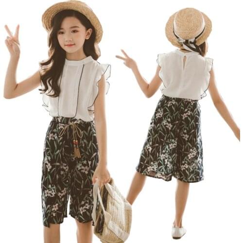 Summer Teen Girls Clothing Sets Kids T-shirt +Wide Leg Pants Suits Children Short Sleeve Child Girl Clothes 7 9 10 12 13 14 Year