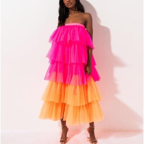 Fashion Maxi Skirt Neon Pink Multi 2 Colors Tulle Women Tutu Skirts Long Tiered Puffy Mesh Prom Gown Skirt Two Way Wear Dress