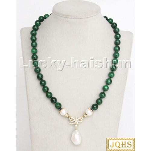 Natural 18" 10mm round green jades Reborn keshi pearls pendant necklace c237