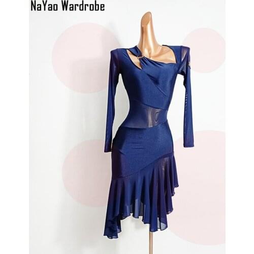 2020 New W626 Lotus Hem Long Sleeve Latin Dance Dress Women Performance Costume Waltz Tango Fox Trot Latino Dancewear