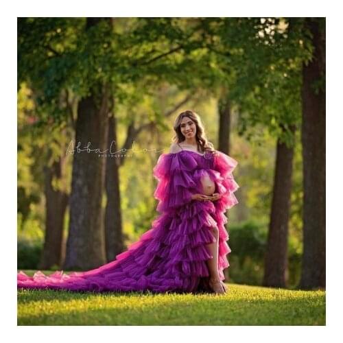 Charming Puffy Pregnancy Dress With Long Train Tiered With Straps Cap Sleeves Front Open Custom Made Bridal Maternity Dresse