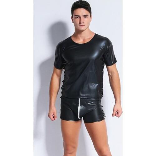 Sexy Faux Leather Short Sleeve Lace up Men Tops Hip Hop T Shirts Sexy Tight Casual Tees Men Clubwear Nightclub Erotic Lingeries
